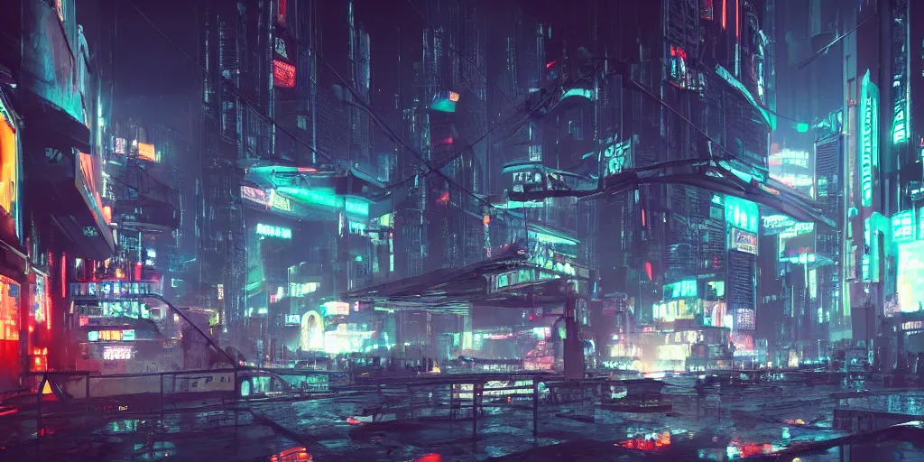 Image similar to a dystopian city scene at night with neon signs hanging in the distance, and a spaceship in the sky, wet concrete, volumetric lighting, cyberpunk, photorealism, dramatic lighting