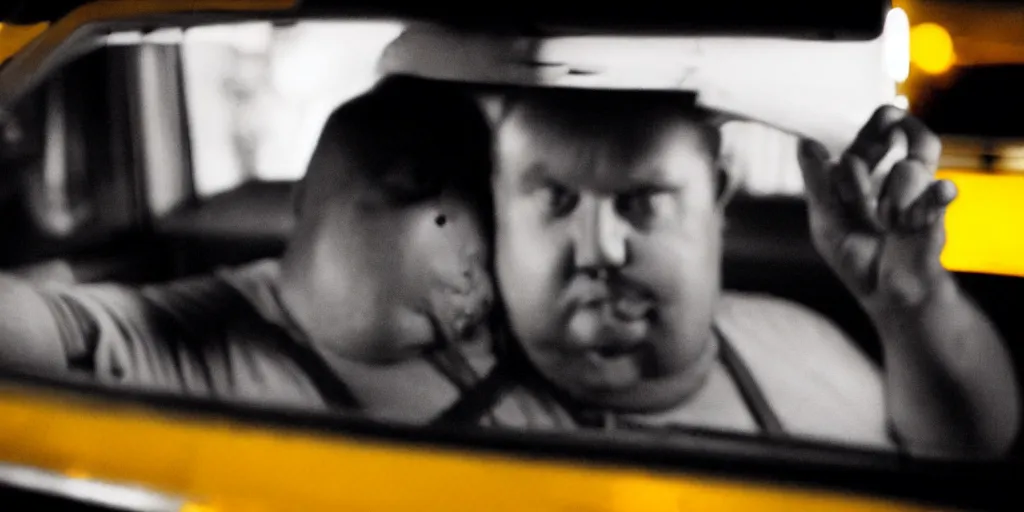 Image similar to low angle camera shot of a overweight drunk man sitting in a taxi by night, moody cinematography of roger deakins, shot on film, grain, hyper realistic ,