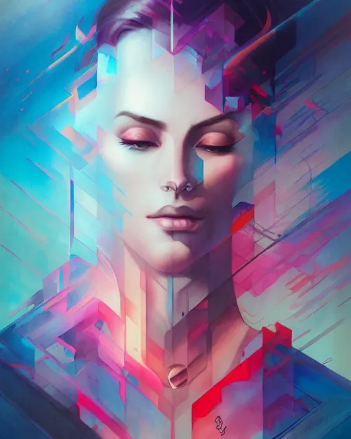 Prompt: synthwave water smoke portrait, shattering acrylic geometric watercolor art by peter mohrbacher and artgerm