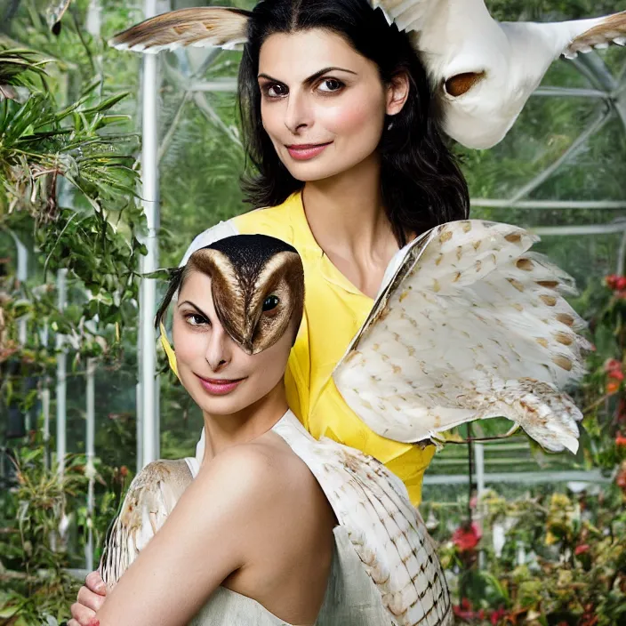 Image similar to portrait photograph of an extremely beautiful!!!! Morena Baccarin , symmetric face!, symmetric round detailed eyes!!, slight smile, natural light, wearing a yellow kimono!! with a very detailed barn owl! on her shoulder in a tropical greenhouse. looking at the camera!!. super resolution. Extremely detailed. Graflex camera!, bokeh!!!!!. art by alphonse mucha