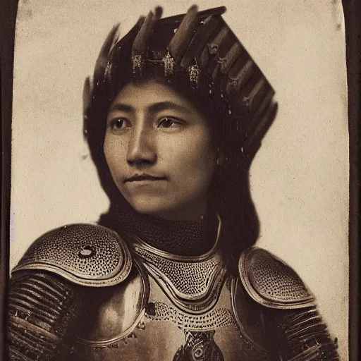 Prompt: head and shoulders portrait of a female knight, quechua!, cuirass, tonalist, symbolist, realistic, ambrotype, baroque, detailed, modeled lighting, vignetting, indigo and venetian red, angular, smiling, eagle