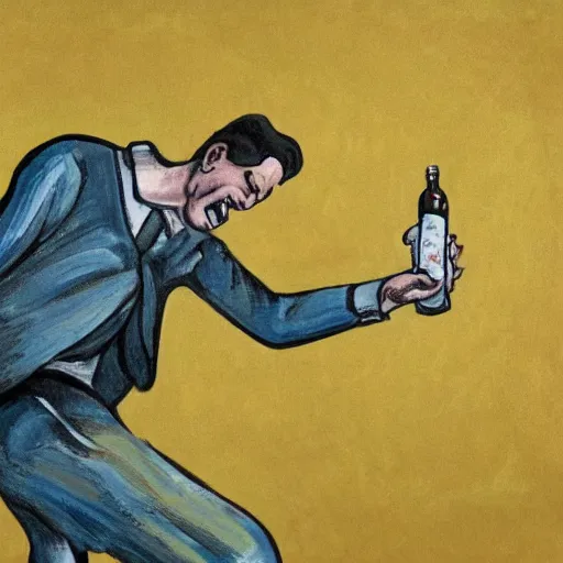 Image similar to artistic rendition of a man jumping in the while holding a bottle, very expressive