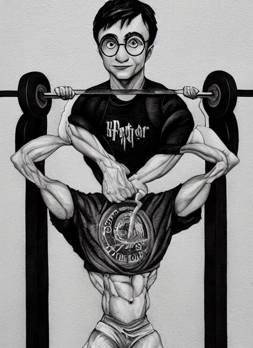 Prompt: a painting of Harry Potter doing barbell back squats, dingy gym, wearing a muscle tee shirt, an ultrafine detailed painting by Mark Ryden, trending on deviantart, pop surrealism, whimsical, lowbrow, grotesque