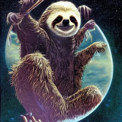 Prompt: a sloth who is a wise old wizard by Larry Elmore, and by Boris Vallejo, fantasy 1980s illustration