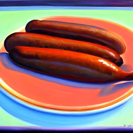 Prompt: oil on canvas, half fish half sausage on a plate. sausage with the fins of a fish