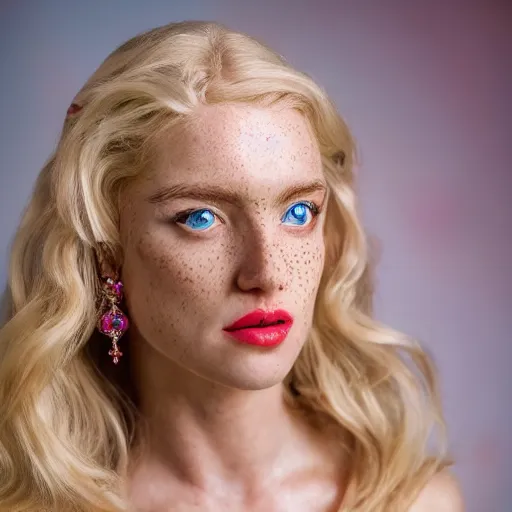 Image similar to close up headshot of a princess with long blonde hair and light blue eyes wearing a strapless elaborately beaded pink dress, high resolution film still, 8k, HDR color, film by Simon Langton and David Frankel, triangular face, slight freckles, round narrow chin, straight jawline, subtle light pink lipstick, cheekbones