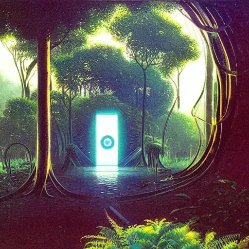 Image similar to portal in a middle of a lush futuristic forest, syd mead, john harris