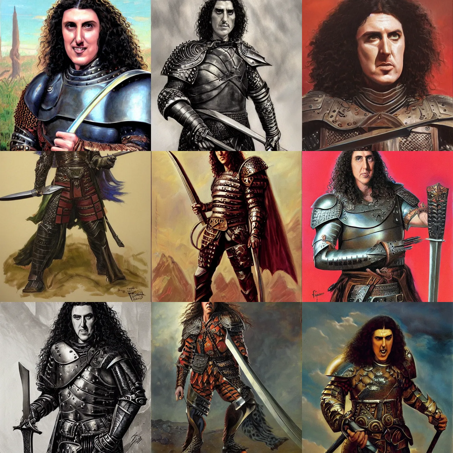 Prompt: portrait of weird al yankovic wearing armor and holding sword by frank fazetta, fantasy, barbarian