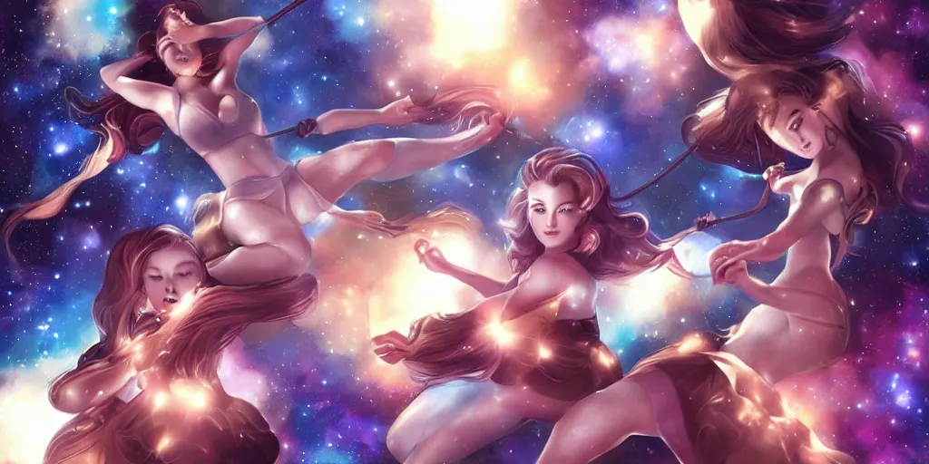 Image similar to girls swinging in the galaxy, art by artgerm