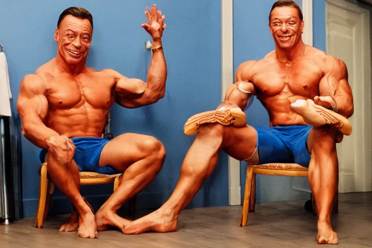Image similar to hyperrealistic Jean Claude Vandamme doing the splits, spread eagle between two chairs over a toilet, golden hour, smiling, award winning