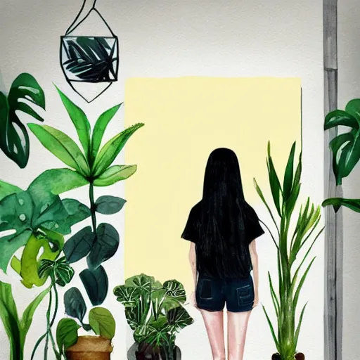 Image similar to a room full of beautiful house plants and a pretty woman with pale skin, long black hair with bangs, wearing shorts and t shirt, abstract, golden light, beautiful watercolor art trending on artstation