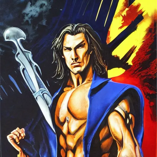 Image similar to photorealistic picture, by bob peak and alex ross, castlevania movie poster in 1 9 9 4, gouache and wash paints, fine details, fine intricate, fine facial proportionate, fine body proportionate, fine fix broken line, fine fix duplicate line, smooth focus, sharp details, bokeh, 4 k, 5 k extreme ly details