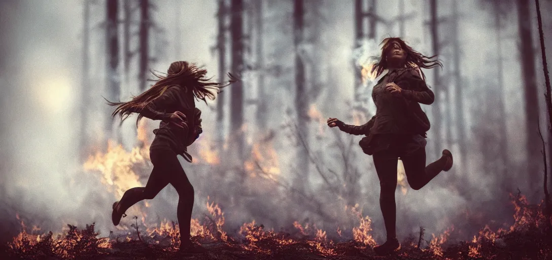 Image similar to full portrait of a young woman running from a forest fire, smoke, flames, dark, gloomy, horror, screaming, insanely detailed, photorealistic, cinematic, dramatic lighting,