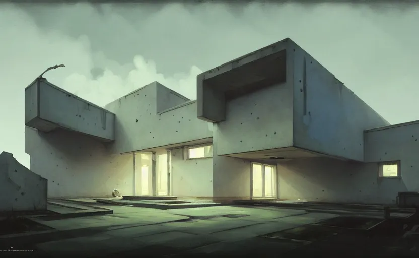 Prompt: painting of a wide angle exterior shot of a white brutalist architecture house with cinematic lighting by darek zabrocki and greg ruthkowski, alphonse mucha, simon stalenhag and cinematic and blue cold atmospheric, archillect concept art, artstation, trending on artstation