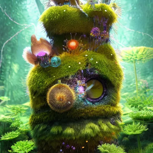 Image similar to tiny fur tower, vegetation, expressive eyes, floating, rbc, radiolaria, protophyta, micro - organisms, center frame, symmetric, rim light, marine microbiology, bioluminescence, electric, fur, soft, concept art, intricate details, highly detailed, colorful, photorealistic, disney pixar, octane render, iridescent, anime, 8 k