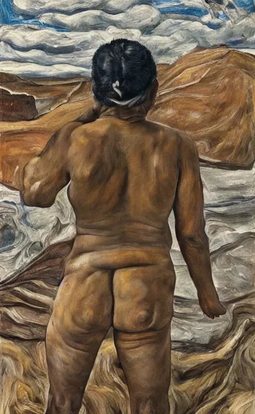 Image similar to full body shot picture of indigenous people leader gazing into the horizon, painted by lucian freud, hd, super detailed, realistic, muted colors