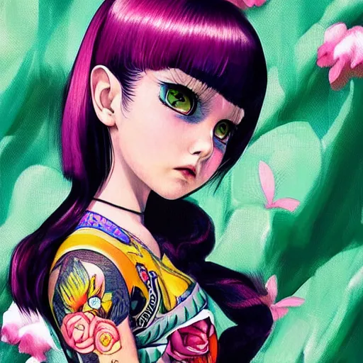 Prompt: tattooed little girl wearing an gucci's outfit. art by ilya kuvshinov, profile picture, inspired by hirohiko araki, highly detailed, 8 0 s anime art style, realistic, vogue cover