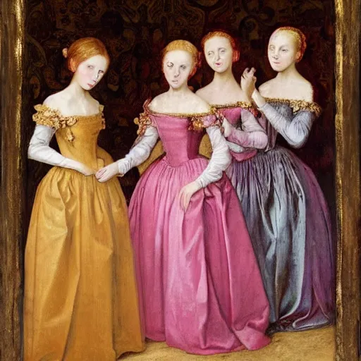 Prompt: group of skinny female artist wearing renaissance dresses, pink and gold flowers in the style of translucent glassy realism, renaissance painting, tonalism, rococo, manga