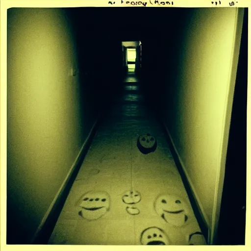 Image similar to found footage of a horrifying creepy narrow hallway with a glowing smiley face at the end, liminal space, very dark lighting, horror scene