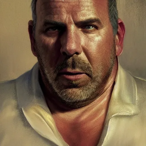 Image similar to hyperrealistic mixed media high resolution painting of morbidly obese Kevin Costner, stunning 3d render inspired art by István Sándorfi and Greg Rutkowski and Unreal Engine, perfect facial symmetry, dim volumetric lighting, 8k octane beautifully detailed render, full body shot, post-processing, extremely hyper-detailed, intricate, epic composition, highly detailed attributes, highly detailed atmosphere, cinematic lighting, masterpiece, trending on artstation, very very detailed, masterpiece, stunning, flawless structure, lifelike texture, perfection,