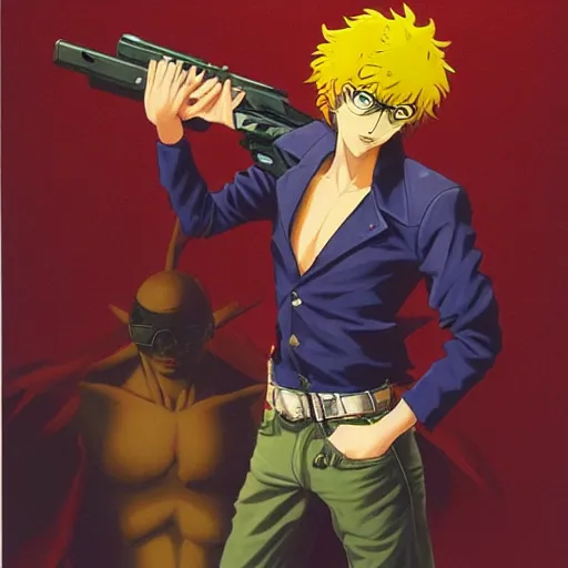 Image similar to , spike from anime cowboy bebop holding two handguns looking into the distance of space, physically accurate, dynamic lighting, intricate, elegant, highly detailed, very very Roberto Ferri, sharp focus, very very unsettling, very terrifying, illustration, art