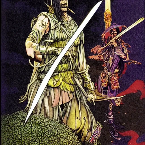 Image similar to Frank Zappa golden Vagabond magic swordsman glides through a beautiful battlefield magic the gathering dramatic esoteric pen and ink illustrated in high detail by Hiroya Oku, Moebius, and Tatsuki Fujimoto shonen jump 2002