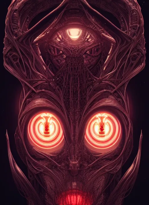 Image similar to symmetry!! portrait of grotesque alien, sci - fi, glowing lights!!, horror, intricate, elegant, dark design, highly detailed, dark lighting, digital art, digital painting, artstation, smooth, sharp focus, illustration, art by artgerm and h r giger and greg rutkowski and alphonse mucha, 8 k