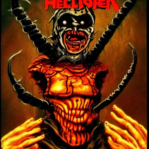 Image similar to 1 9 8 7 full - color photo in the style of clive barker featuring a cenobite welcoming you to the hellish underworld. high - quality promotional photography from an issue of fangoria magazine ; horror movie ; terrifying.