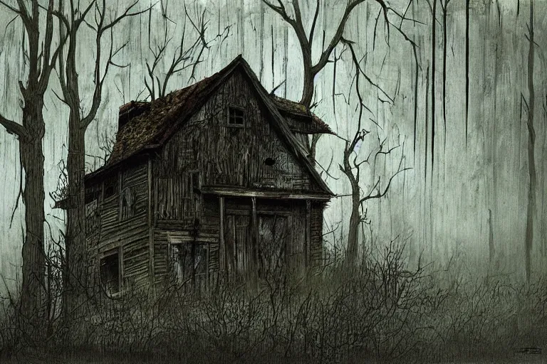Prompt: mad horror painting of an old wooden house in the woods by ben templesmith