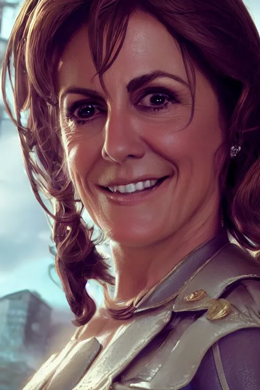 Image similar to Portrait of Liz Hurley as Baroness in G.I, Joe, with evil smile, in a movie still cinematic, artstation, Greg rutkowski, UHD 8K