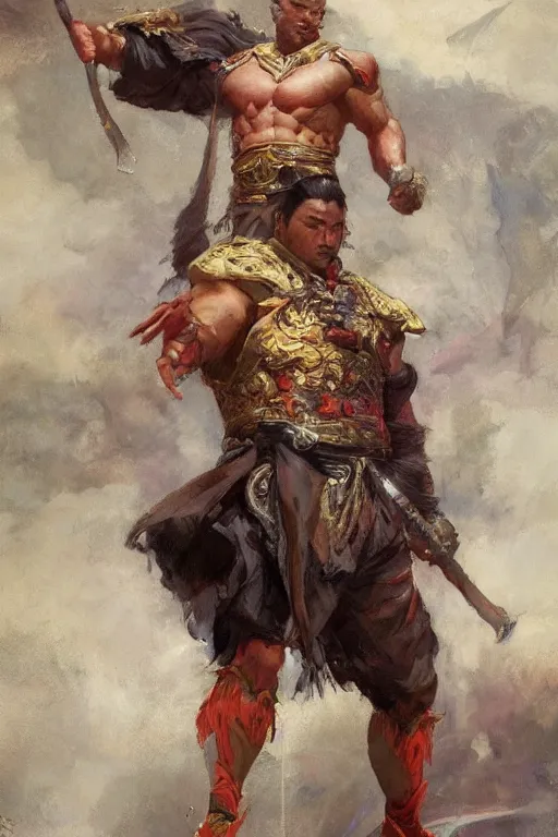 Image similar to wuxia, attractive beefy man, character design, colorful, painting by gaston bussiere, craig mullins, greg rutkowski, j. c. leyendecker