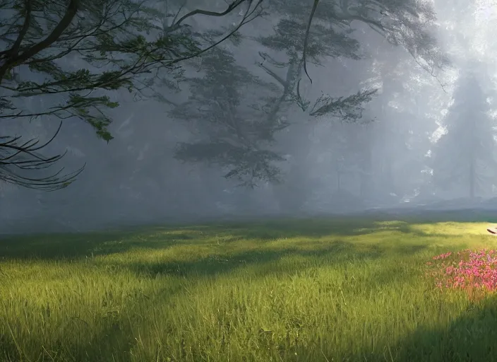 Image similar to a woman dressed in a white dress, seen from behind, in a magical forest, painted by, mc escher, gordon onslow ford, georgia o'keeffe and ivan aivazovsky, cinematic light, god rays, colourful, unreal engine, zbrush central,