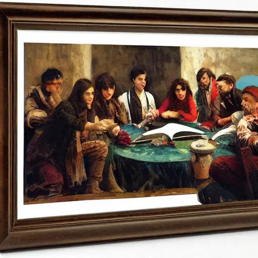 Image similar to rigorous, manmade by diego dayer, by howard pyle. a beautiful land art of a group of people standing around a circular table. in the center of the table is a large, open book. the people in the land art are looking at the book with interest & appear to be discussing its contents.