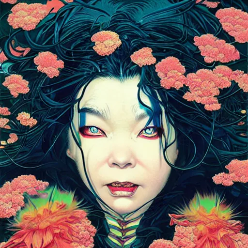 Image similar to portrait of crazy beautiful singer bjork, ymmetrical, by yoichi hatakenaka, masamune shirow, josan gonzales and dan mumford, ayami kojima, takato yamamoto, barclay shaw, karol bak, yukito kishiro