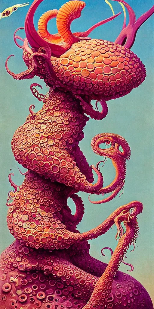 Prompt: portrait of the ammonite skeksis supermodel girl clad in branching coral armor bites into a juicy squid, by mark ryden, kawase hasui, dorothea tanning, moebius, edward hopper and james gilleard, aivazovsky, zdzislaw beksinski, steven outram, colorful iridescent and playful