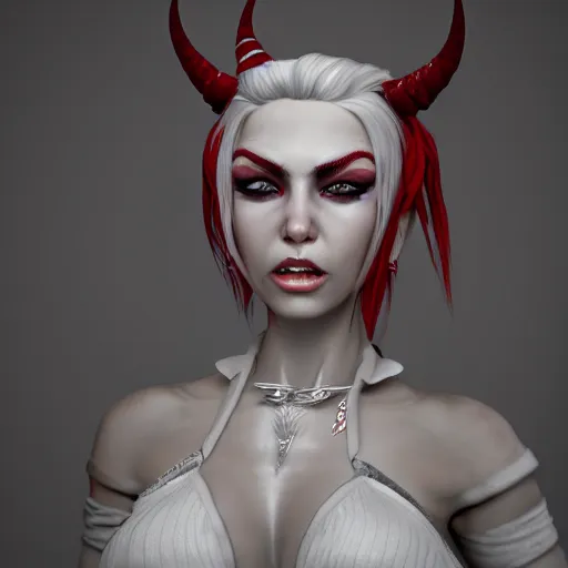 Prompt: a highly detailed portrait of a humanoid demon girl with white hair, red horns, in white clothes, artstation, deviantart, professional, unreal engine 5, photorealistic, digital art