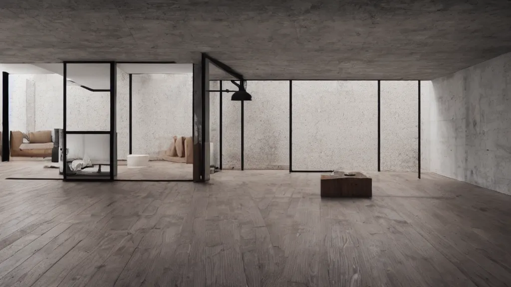 Image similar to hyper realistic one point perspective of living room, wood, concrete, brick