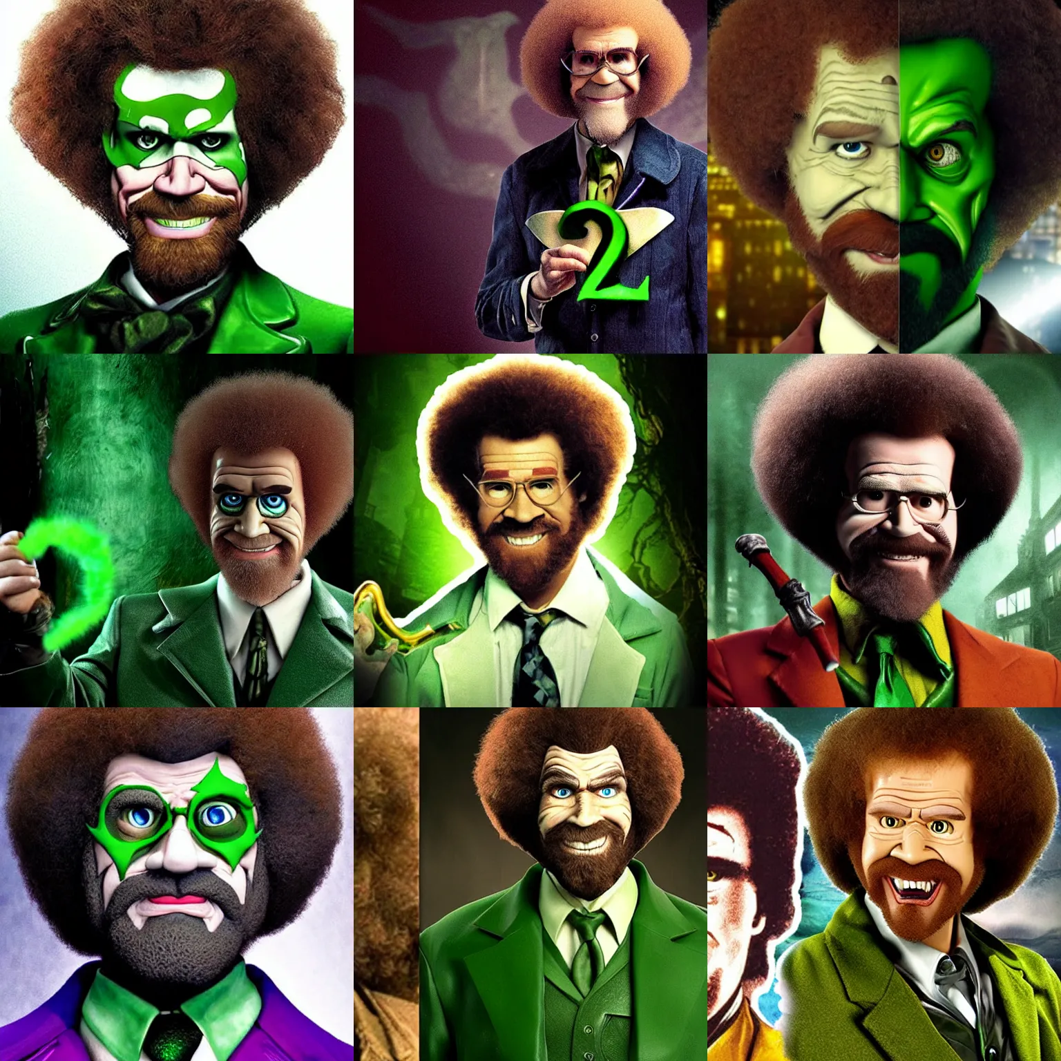 Prompt: bob ross as the riddler from batman arkham asylum, still from the movie, horror, terrifying, dark lighting