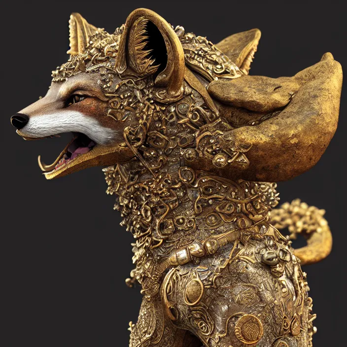 Image similar to highly detailed ancient artifact depicting a fox made of bronze and ivory and encrusted with precious jewels, beautiful patina, ethereal, esoteric, zbrush sculpt, octane render, intricate, ornate, cinematic lighting, hyperrealistic