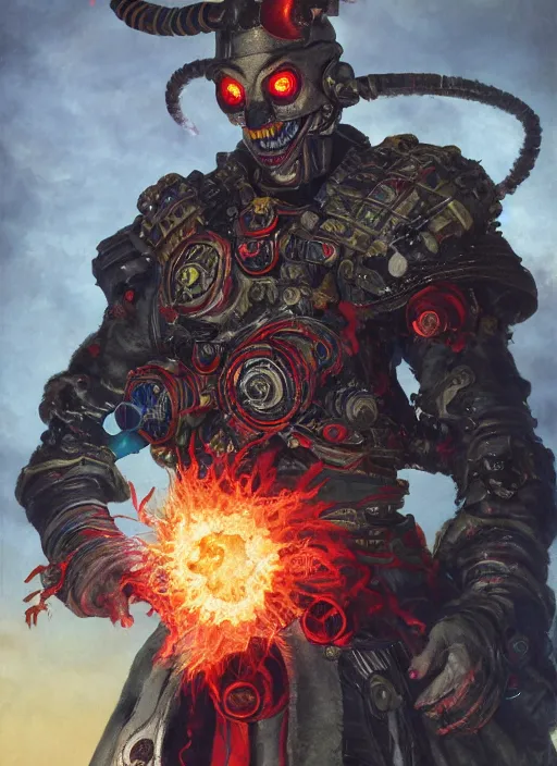 Image similar to portrait of a diabolical cyborg clown samurai armed with flamethrougher, torn cape, dynamic pose, glowing eyes, ancient ruins, glowing veins subsurface scattering, in clouds, sunset, portrait, by gerald brom, by mikhail vrubel, by peter elson, muted colors, extreme detail, reflections, trending on artstation, 8 k