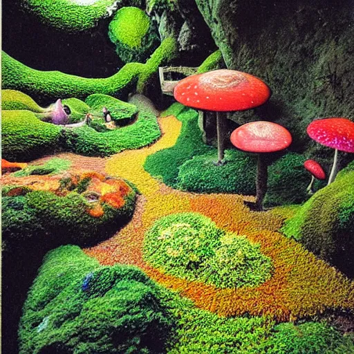 Prompt: a colorful fungus garden in a cave, birds eye view, hiroo isono, dark!!!!!, foggy, cavern, underground!!!!, beetles running through the moss, psychedelic, river running through it