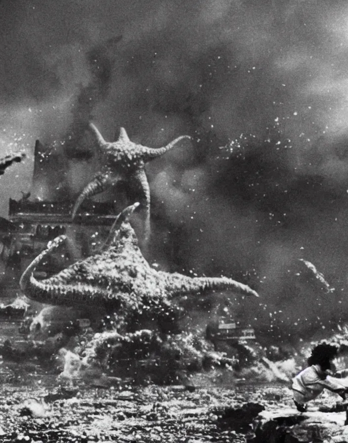 Image similar to a filmstill of a north korean monster movie, kaiju - eiga monster starfish - like trampling a traditional korean palace, foggy, film noir, urban epic battle, etheral, explosions, communist starfish, thriller, by akira kurosawa and wachowskis, video compression