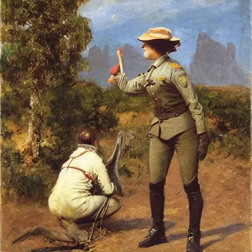 Prompt: female park ranger petting a veloceraptor by alfred stevens