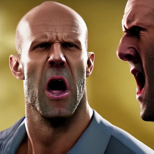 Image similar to ultra realistic professional photo of a lemon yelling at Jason Statham