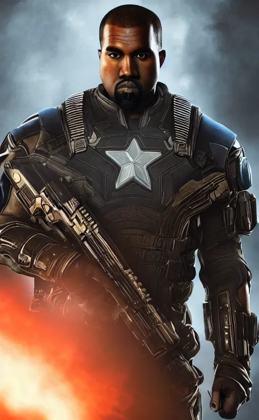 Image similar to Portrait of Kanye West as captain america in Gears of War, splash art, movie still, cinematic lighting, dramatic, octane render, long lens, shallow depth of field, bokeh, anamorphic lens flare, 8k, hyper detailed, 35mm film grain