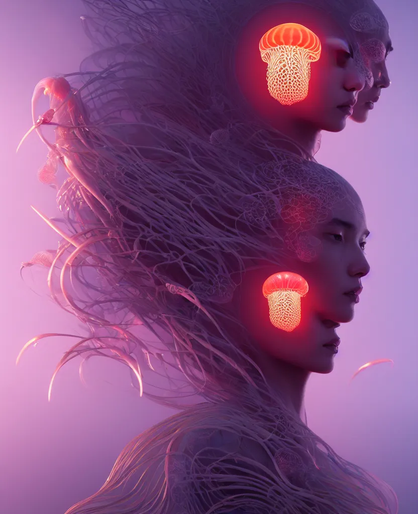 Image similar to goddess portrait. jellyfish phoenix head. intricate artwork by Tooth Wu and wlop and beeple. octane render, trending on artstation, greg rutkowski very coherent symmetrical artwork. cinematic, hyper realism, high detail, octane render, 8k