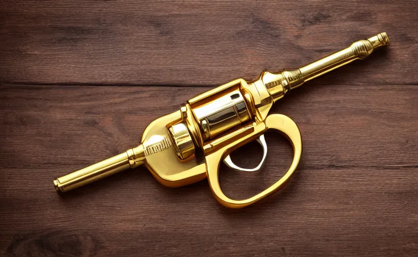 Image similar to shiny golden revolver laying on a wooden table, complex, high detail