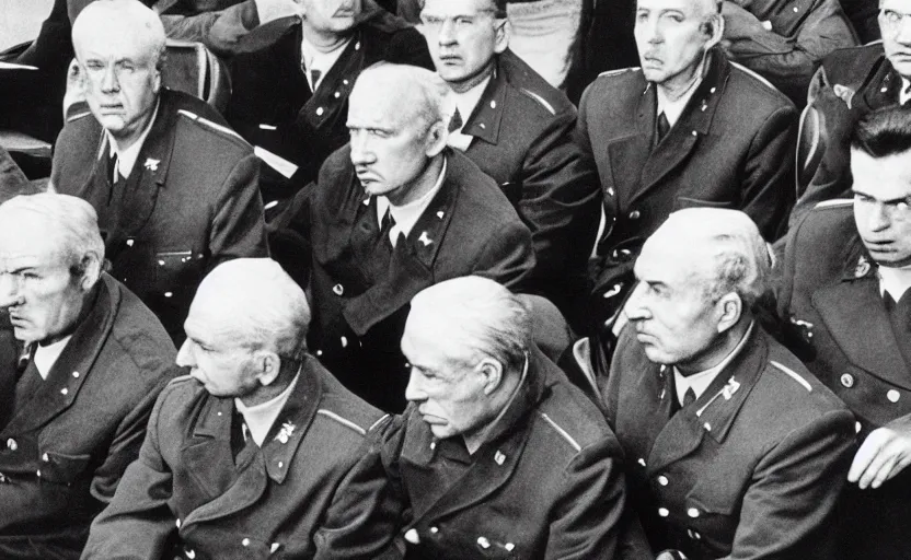 Image similar to 50s movie still of very diverse soviet generals head with very detailed faces in a stalinist parlement, by Alexei Guerman, Cinestill 800t 35mm black and white, heavy grainy picture, very detailed, high quality, 4k, HD criterion, precise texture, diverse faces, diverse haircuts, diverse ages