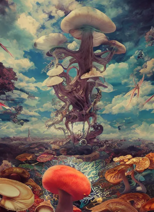 Image similar to surreal gouache painting, by yoshitaka amano, by ruan jia, by Conrad roset, by good smile company, detailed anime 3d render of a wild mushroom Surrounded by magical Dragonflies and a big DJ Mixer, deck, portrait, cgsociety, artstation, rococo mechanical and Digital and electronic, dieselpunk atmosphere