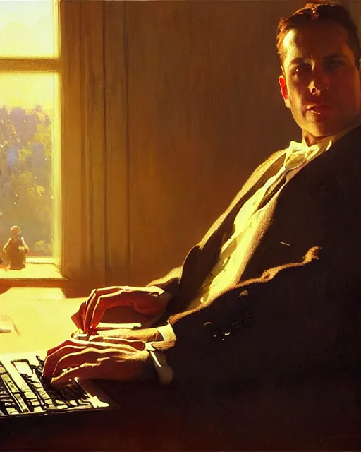 Prompt: attractive 4 5 year old man typing away at his desktop computer, watching the screen gleefully, golden hour painting by gaston bussiere, craig mullins, j. c. leyendecker